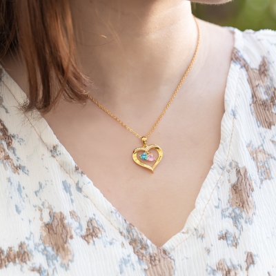 Personalized Heart Birthstone Necklace with Engraving in Silver