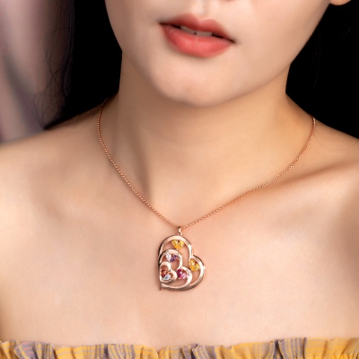 Heart-shaped Birthstone Family Necklace with Customized 1-10 Names