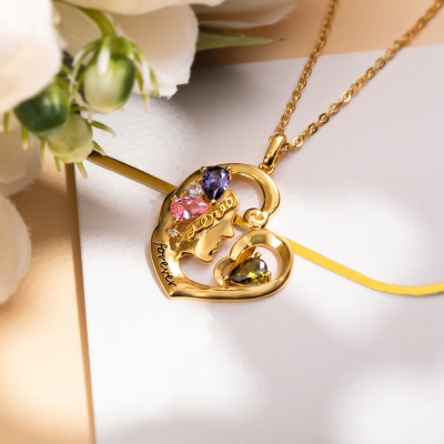 Personalized Name and Birthstone Heart Necklace Gift for Mom