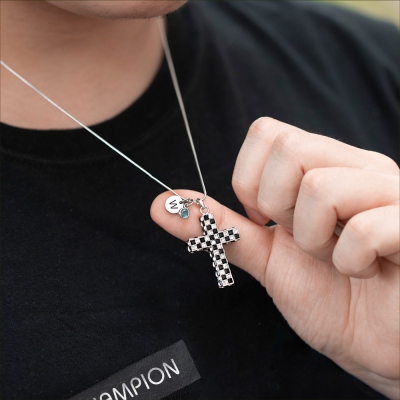 Personalized Check Flag Cross Necklace