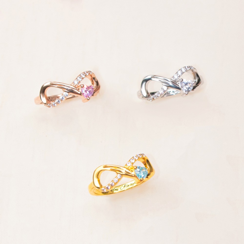 Personalized Infinity Ring with Heart Birthstone, 925 Sterling Silver Angel Wings Rings for Engagement/Wedding/Promise