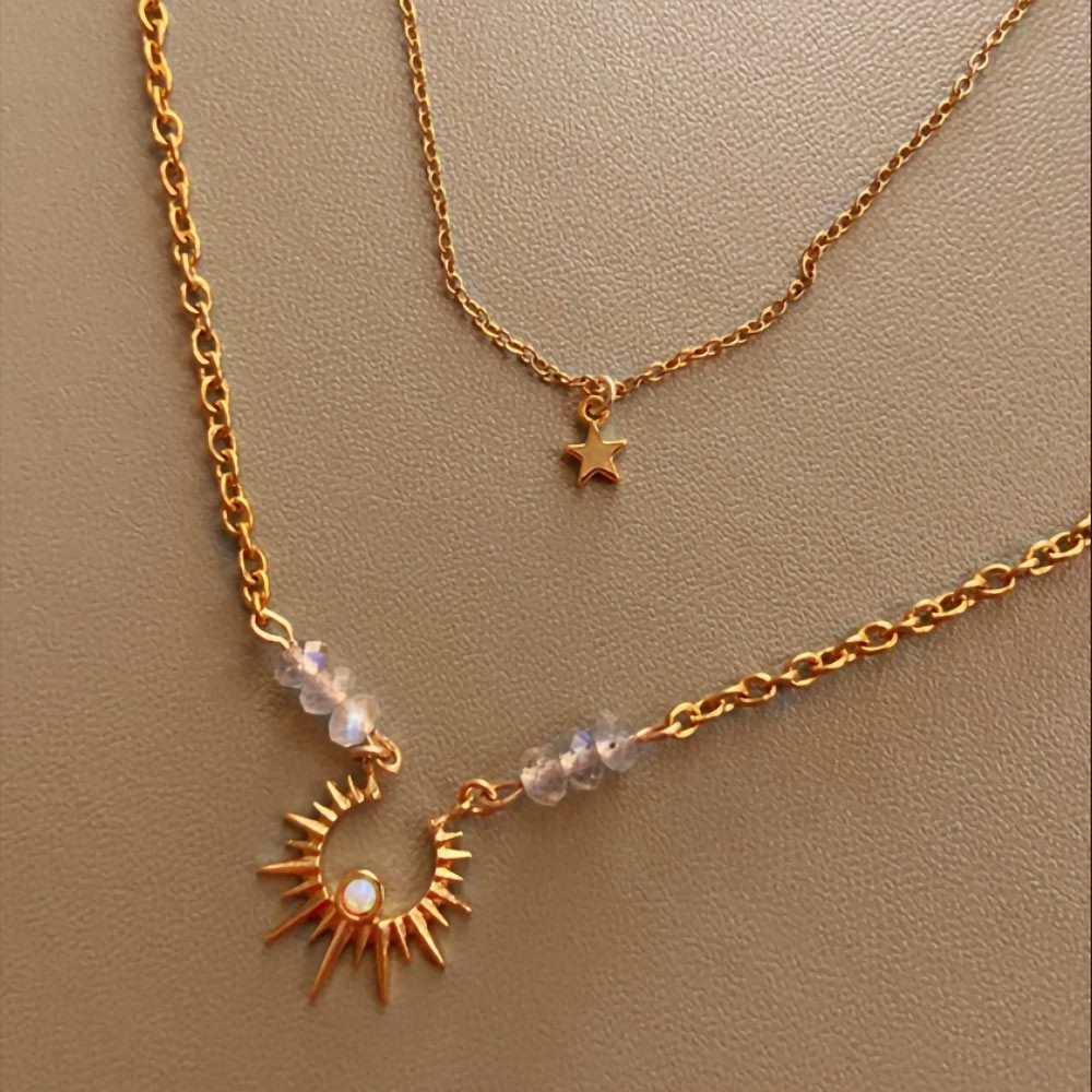 Multi-layered Necklace, Boho Star Neck Chain Choker Pendant Necklace, Atelier Opal Labradorite Inox Brass, Fashion Jewelry for Women and Girls