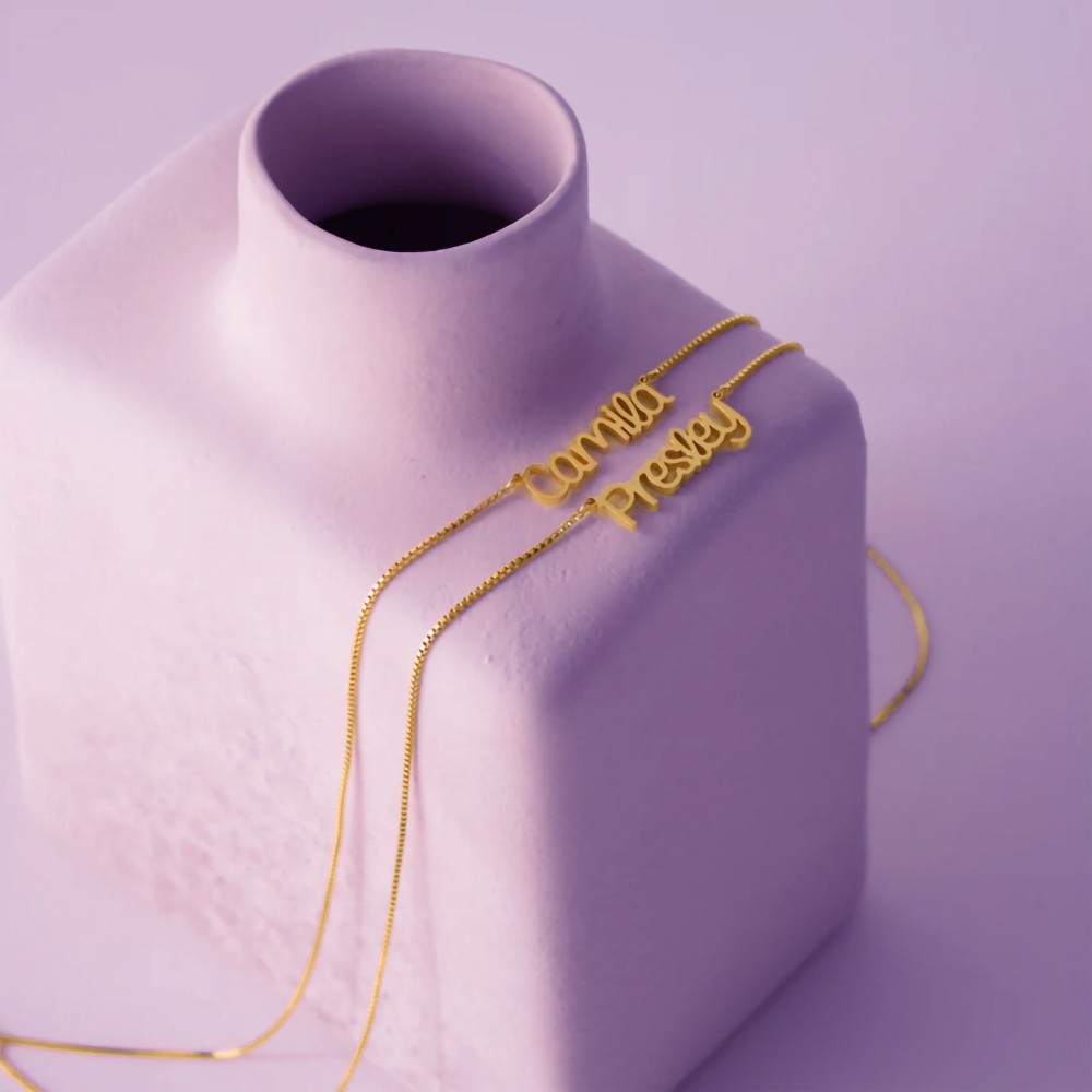 Colar de nome personalizado colar de corrente dupla com nome, colar em camadas minimalista conjunto de 2, presente de joias com nome de caligrafia para ela