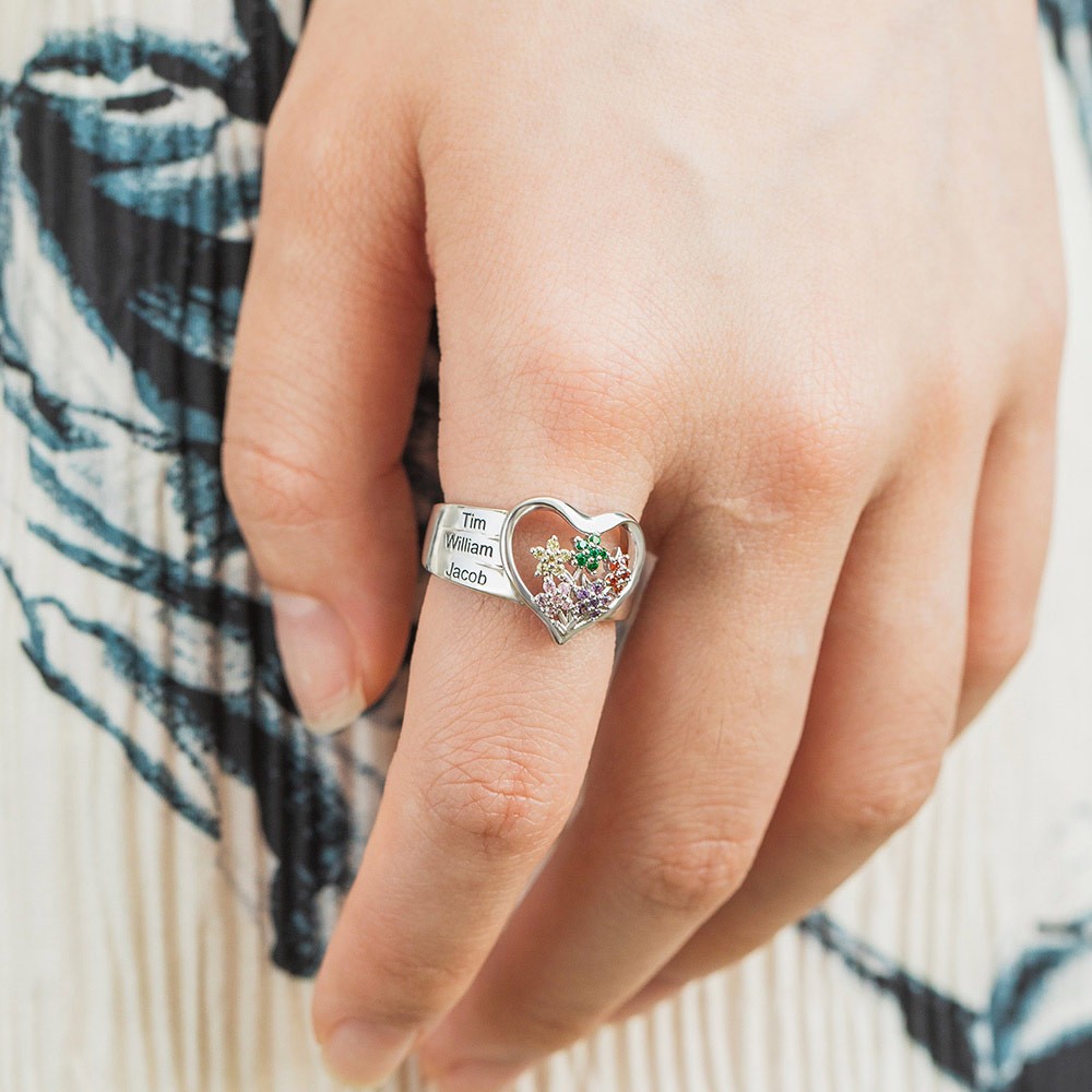 Custom 1-8 Birthstone Flower Ring with Engraving, Our Family Is A Garden Of Love Heart Ring, Flower Design Garden Family Ring for Grandmother/Mother
