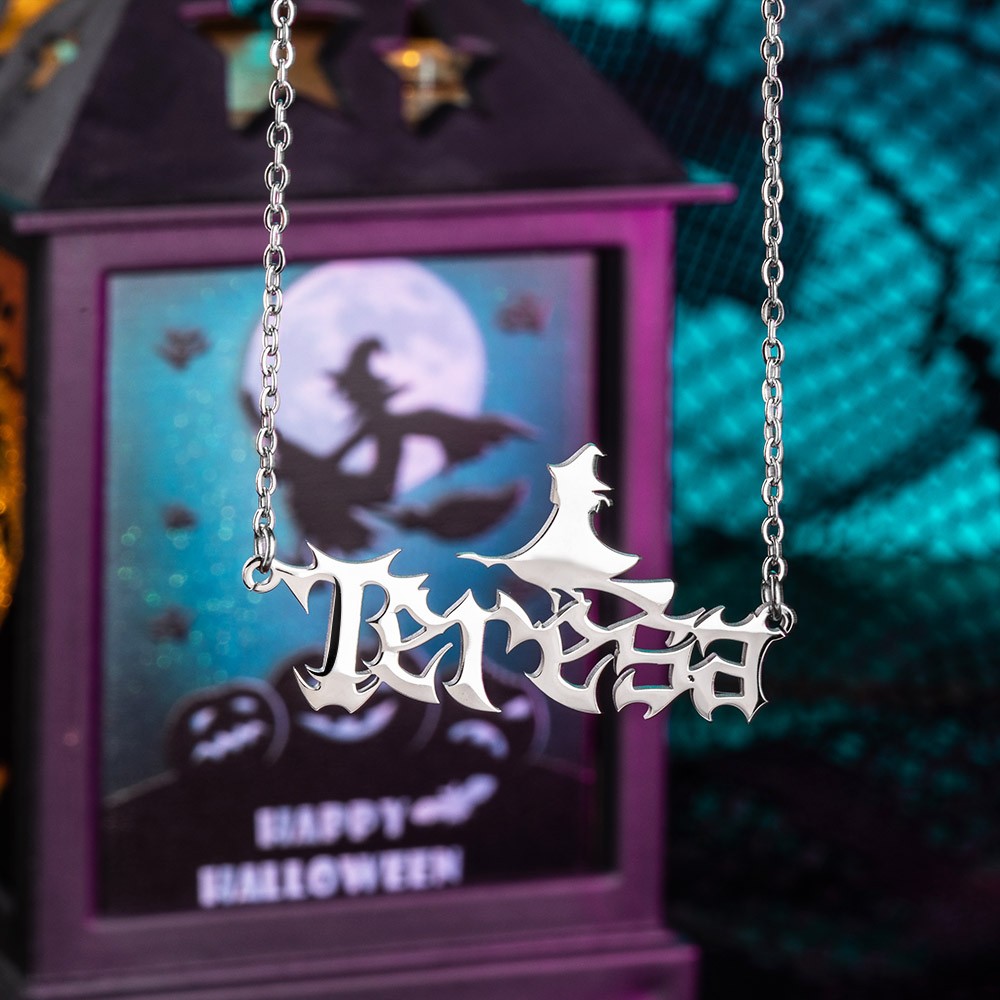 Custom Halloween Name Necklace, Gothic Jewelry with Pumpkin Bat Ghost Witch Style, Dainty Pendant, Necklace Halloween Gift for Family