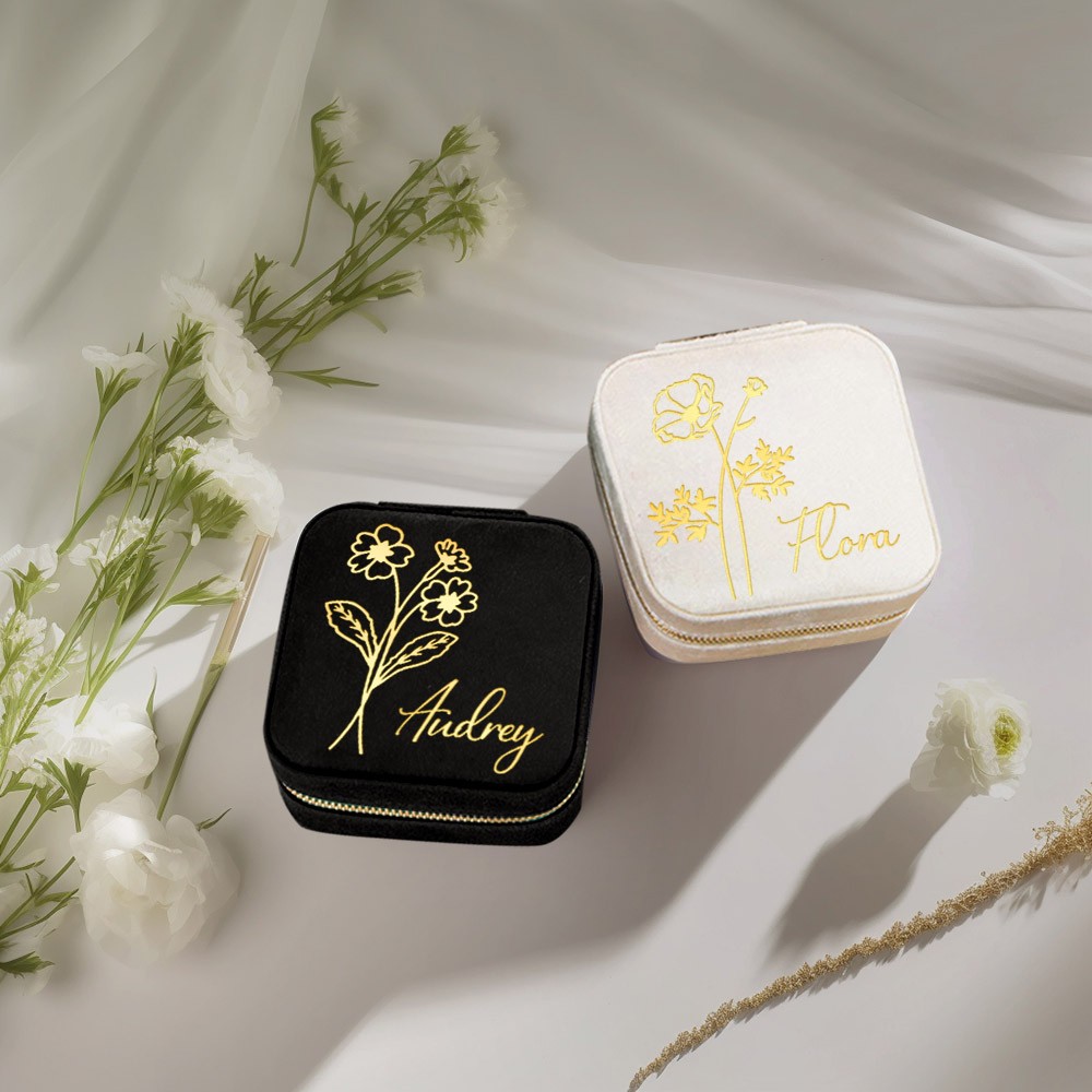 Étui de voyage à bijoux avec fleur de naissance, cadeau d'anniversaire personnalisé, boîte à bijoux en velours personnalisée, cadeaux pour mariage/demoiselle d'honneur/maman/femme, achetez plus, économisez plus