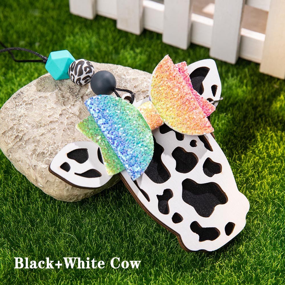 Custom Highland Cattle Cow Print Car Charm with Bow, Rear View Mirror Accessories with Engraved Name Tag, Birthday Gift for Women/Cow Lover