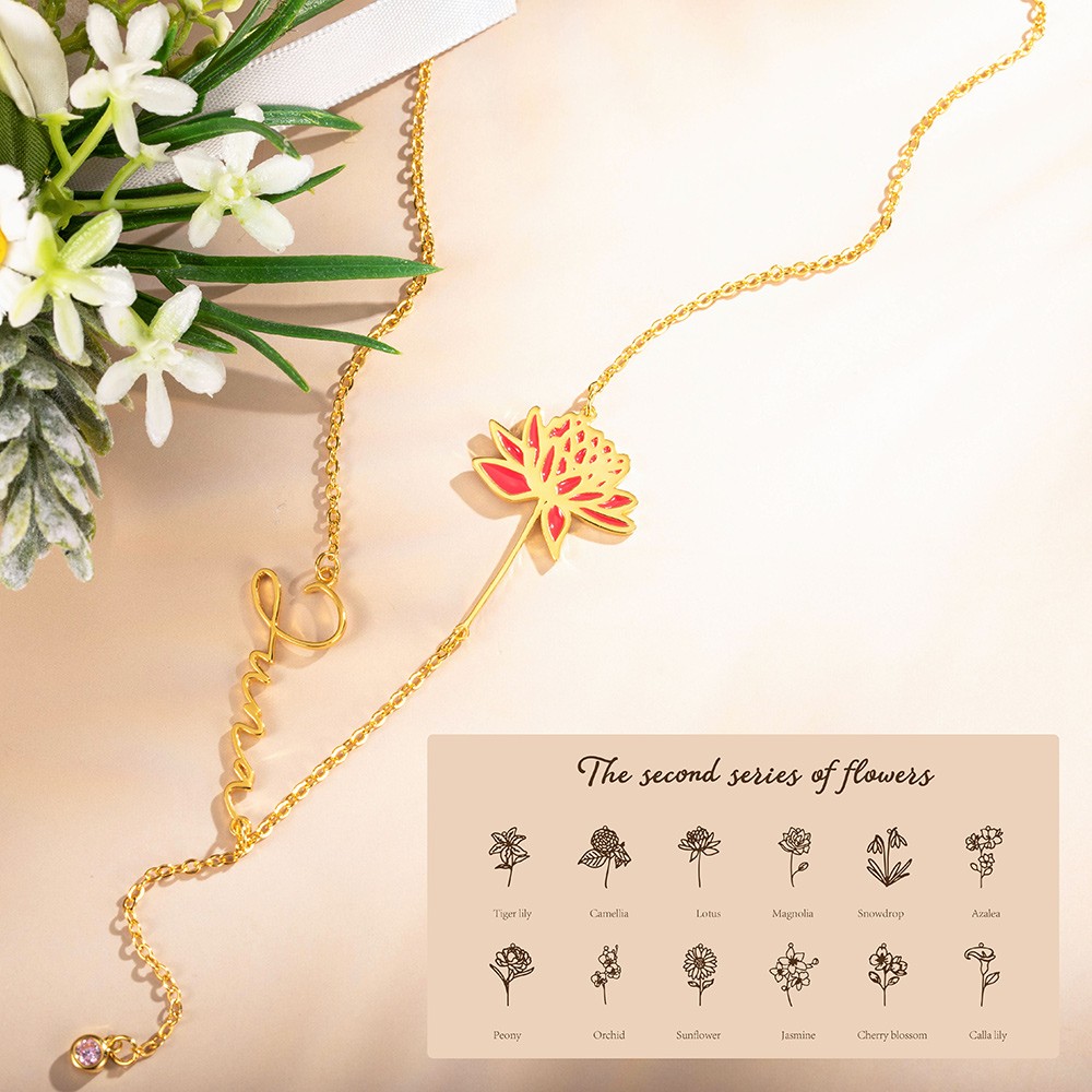 Birth Flower Necklace with Birthstone, Personalized Name Necklace, Women's Jewelry, Bridesmaid Gift, Wedding/Birthday/Anniversary/Mother's Day Gift