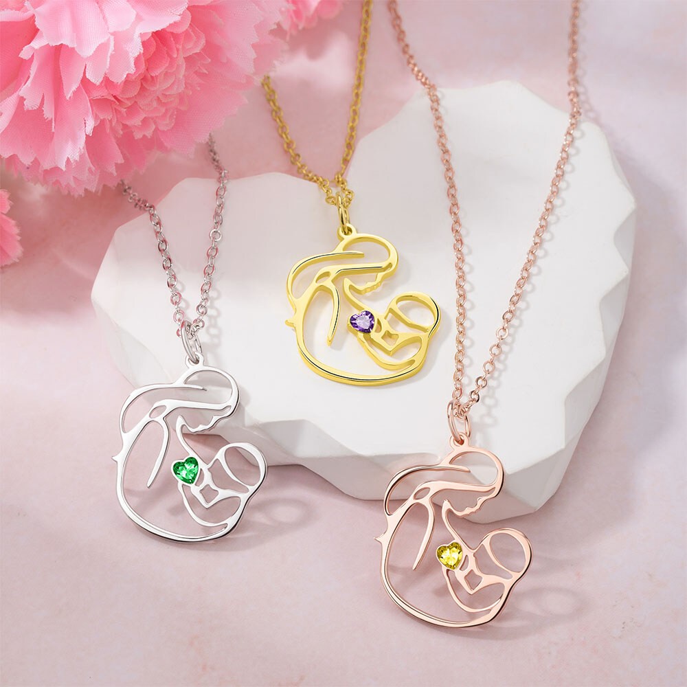 Personalized Mother and Child Necklace, Brass/Sterling Silver 925 Necklace, Birthstone Necklace, Mom Baby Necklace, Mothers Day Gift, Gift for Mom/Her