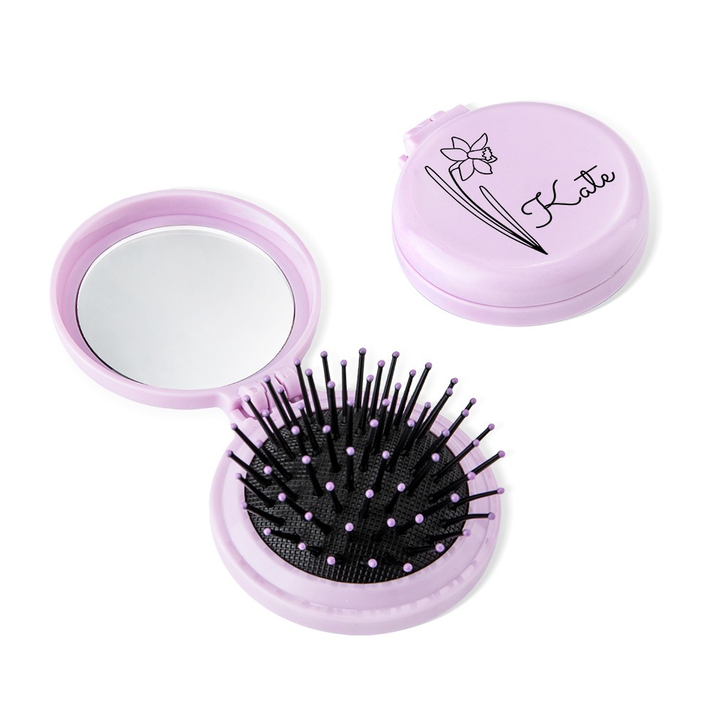 Personalized Birthflower Name Air Cushion&Mirror Comb, Custom Portable Mini Air Cushion Mirror Comb, Round Foldable Comb with Mirror, Gift for Her