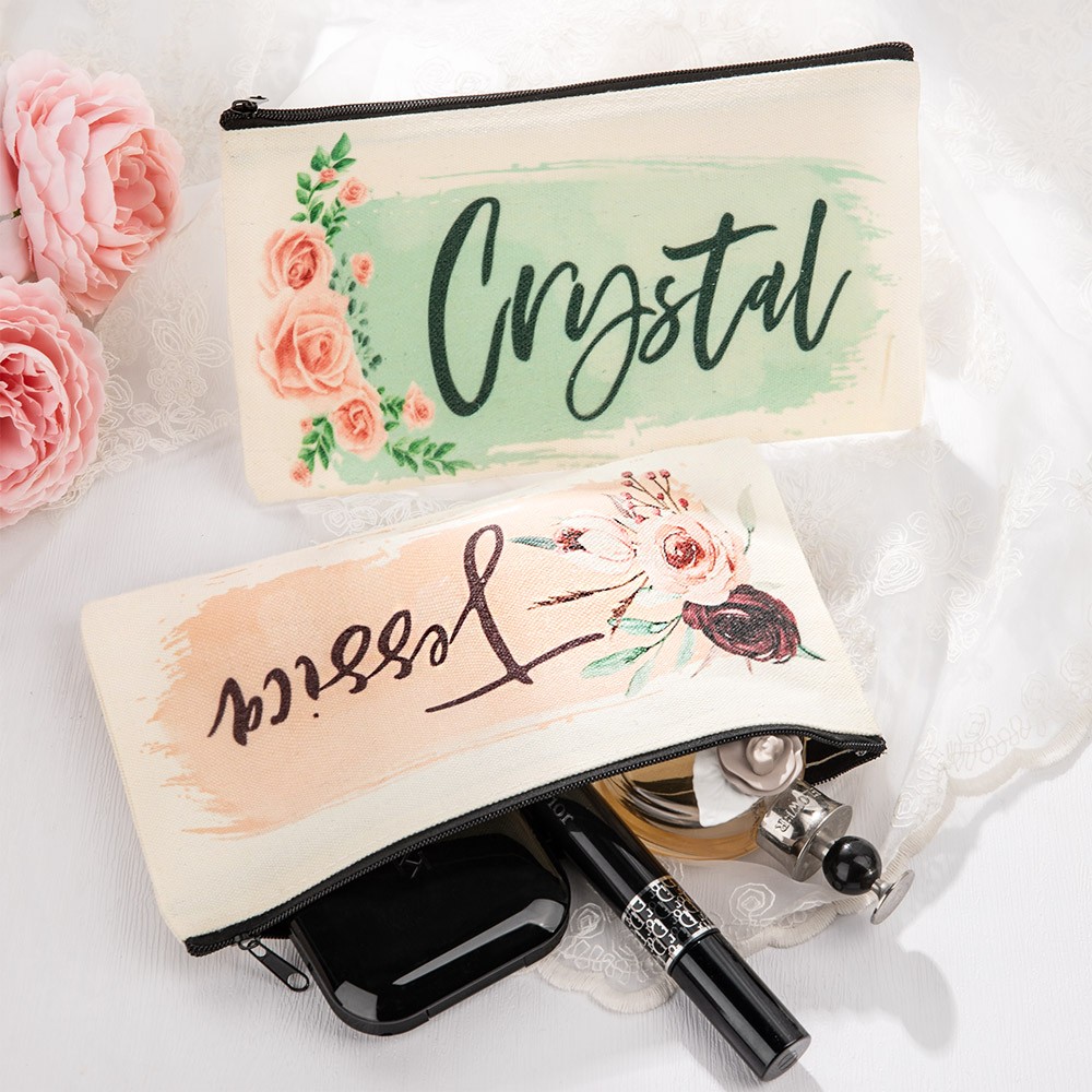 Trousse de maquillage personnalisée pour femme, cadeaux de proposition de demoiselle d'honneur, pochette cosmétique en toile monogramme personnalisée, cadeaux de mariage, ensemble cadeau de maquillage