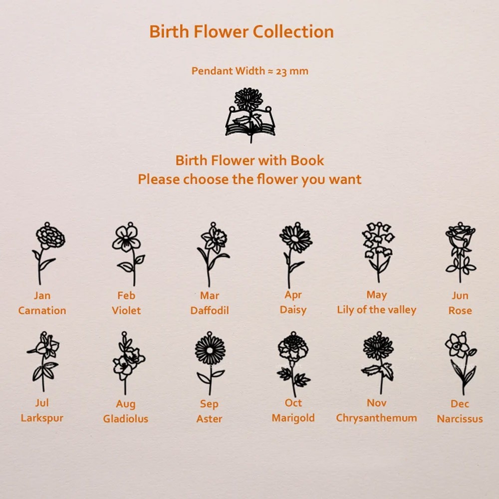 Custom Book Birth Flower Necklace, Rose Necklace, Sterling Silver Necklace, Gift Book Lover, Mother's Day/Birthday/Wedding Gift for Mom/Bridesmaids