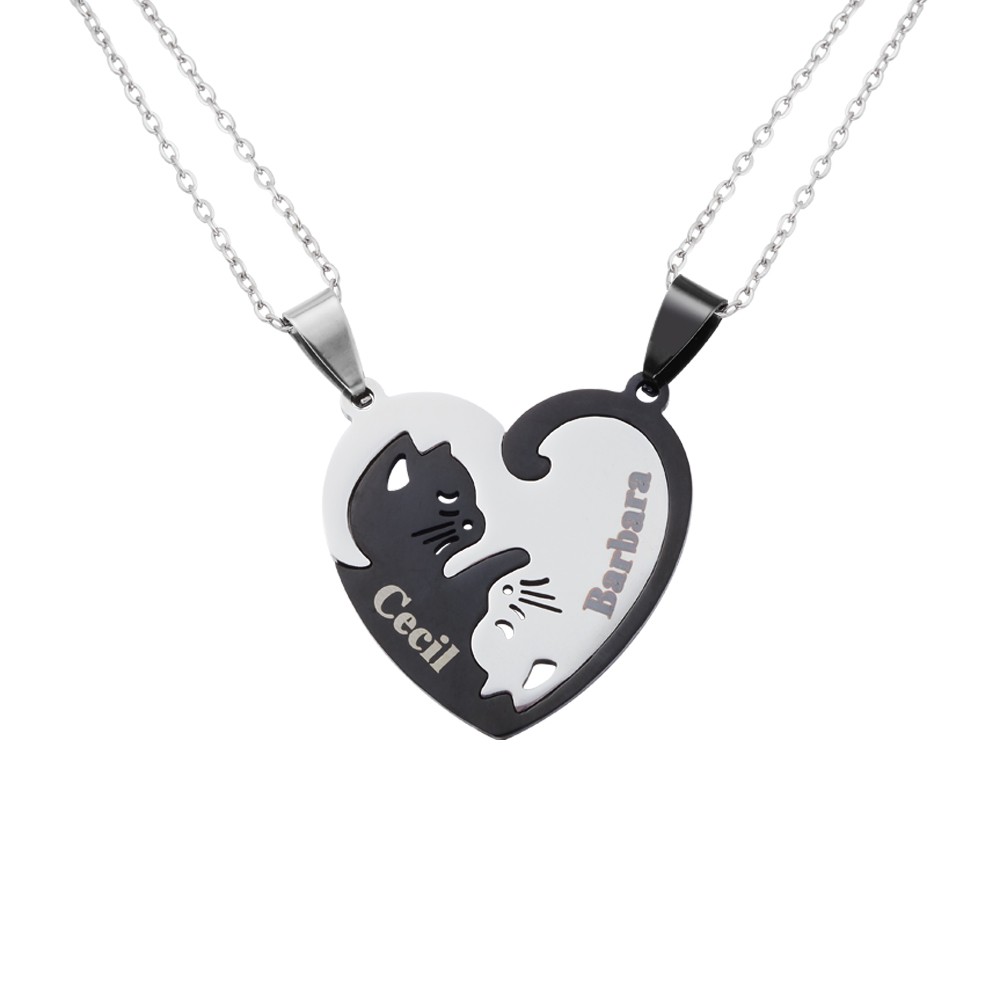 Aangepaste naam zwart-witte kat ketting, set van 2, vriendschap ketting, zuster ketting, beste vriend sieraden, cadeau voor kattenliefhebber/vriend/haar