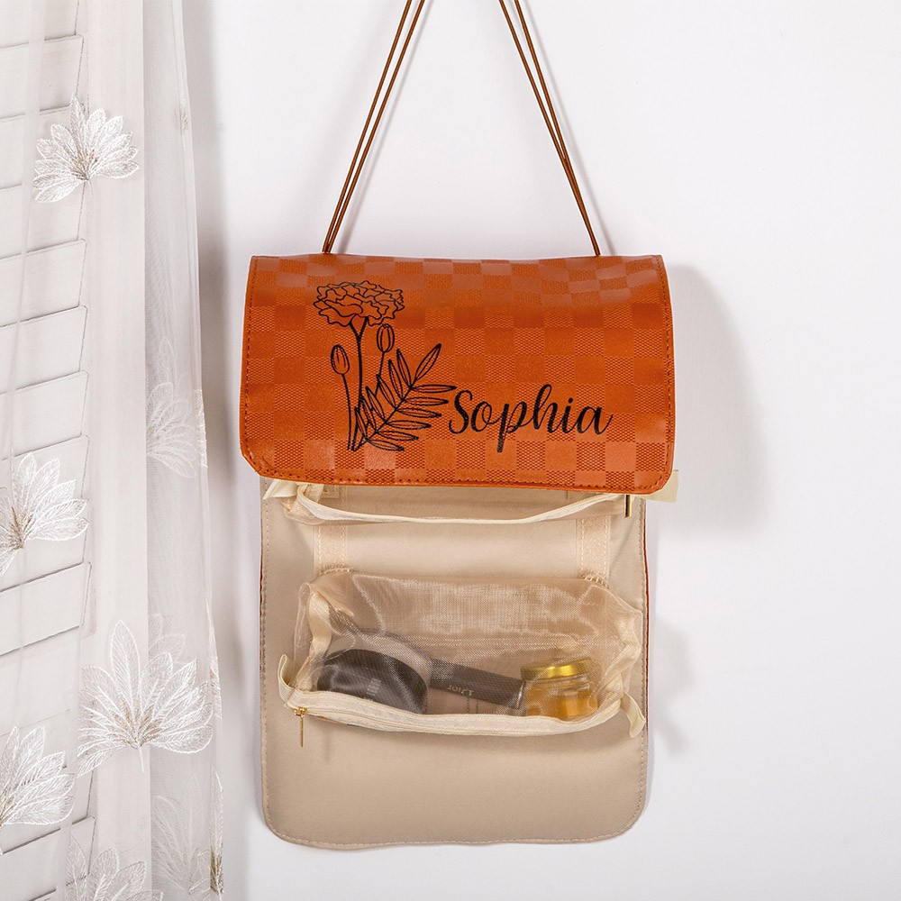 Personalized Name And Birth Flower Cosmetic Travel Bags, Foldable Make Up Organizer, Makeup Bag, Hanging Toiletry Bag for Women, Weekender Bag