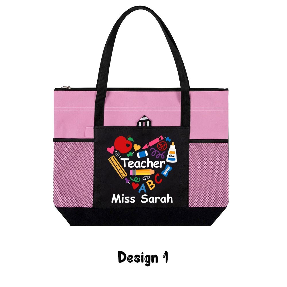 Custom Teacher Heart ABC Tote Bag, Large Zipped Canvas Bag with Mesh Pocket, Paraprofessional Gift, Christmas/Teacher's Day/Birthday Gift for Women