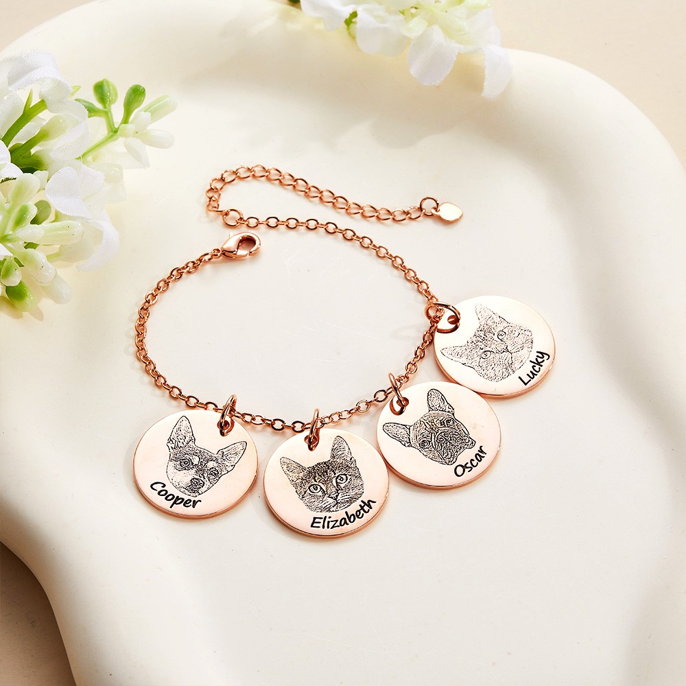 Personalized Name Pet Portrait Engraved Bracelet, Sterling Silver Small Disc Bangle, Pet Memorial Jewelry, Birthday Gift for Pet Lover/Dog Mom/Cat Mom