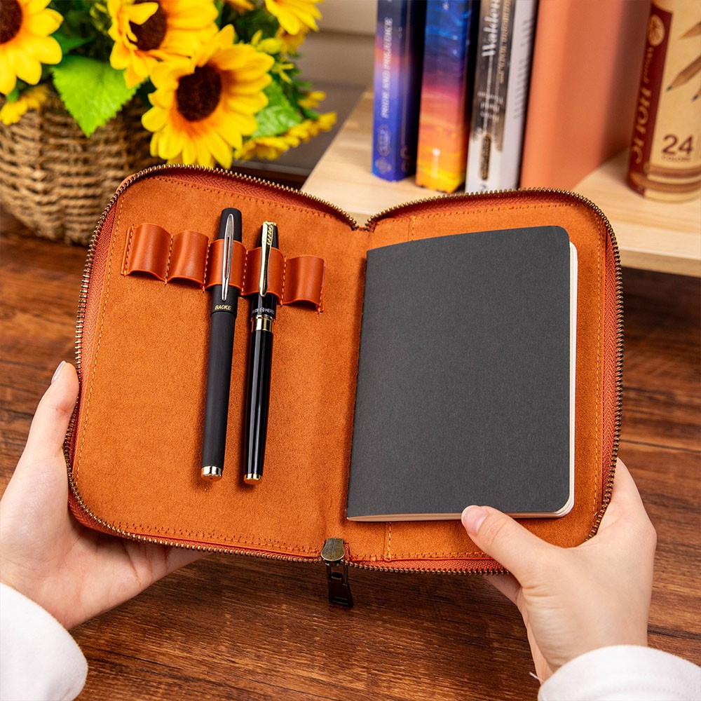 Personalized Birth Flower Leather Travel Journal Organizer, Padfolio with Pencil Holder, Notepad with Zipper Lock, Planner Case, A6 Notebook Cover