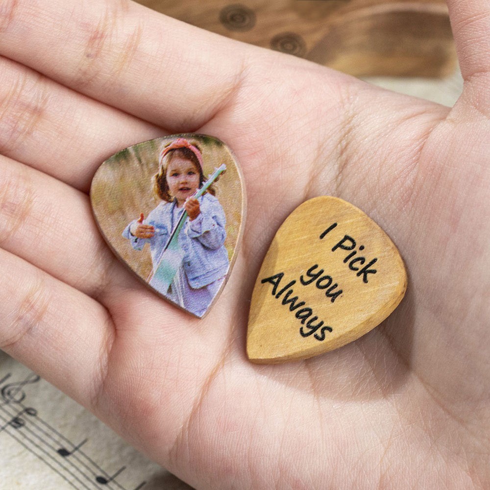 Personalisierte Gitarrenplektren aus Holz mit Aufbewahrungshülle mit Textfoto, Geburtstags-/Abschlussgeschenk für Gitarrenspieler/Musiker