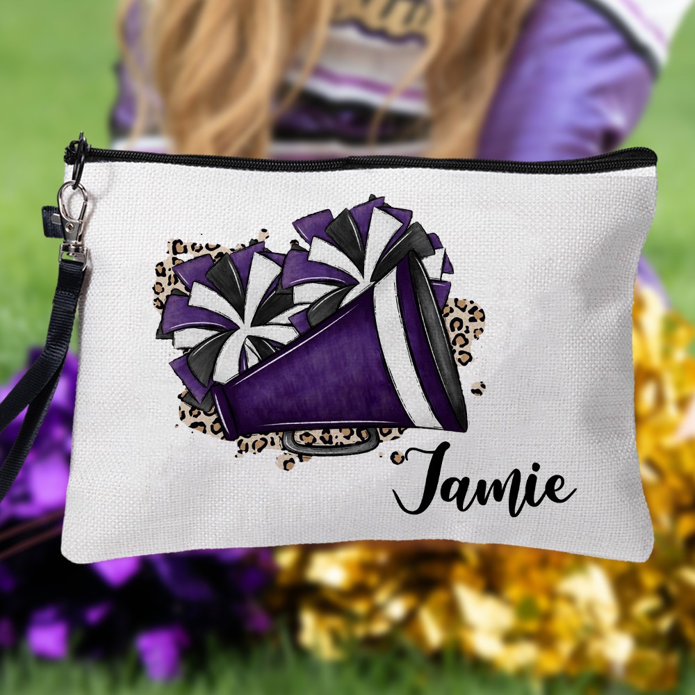 Personalized Name Cheerleading Cosmetic Bag, Linen Travel Makeup Pouch with Wrist Strap, Sports Accessory, Sports Gift for Cheerleading Women/Girls