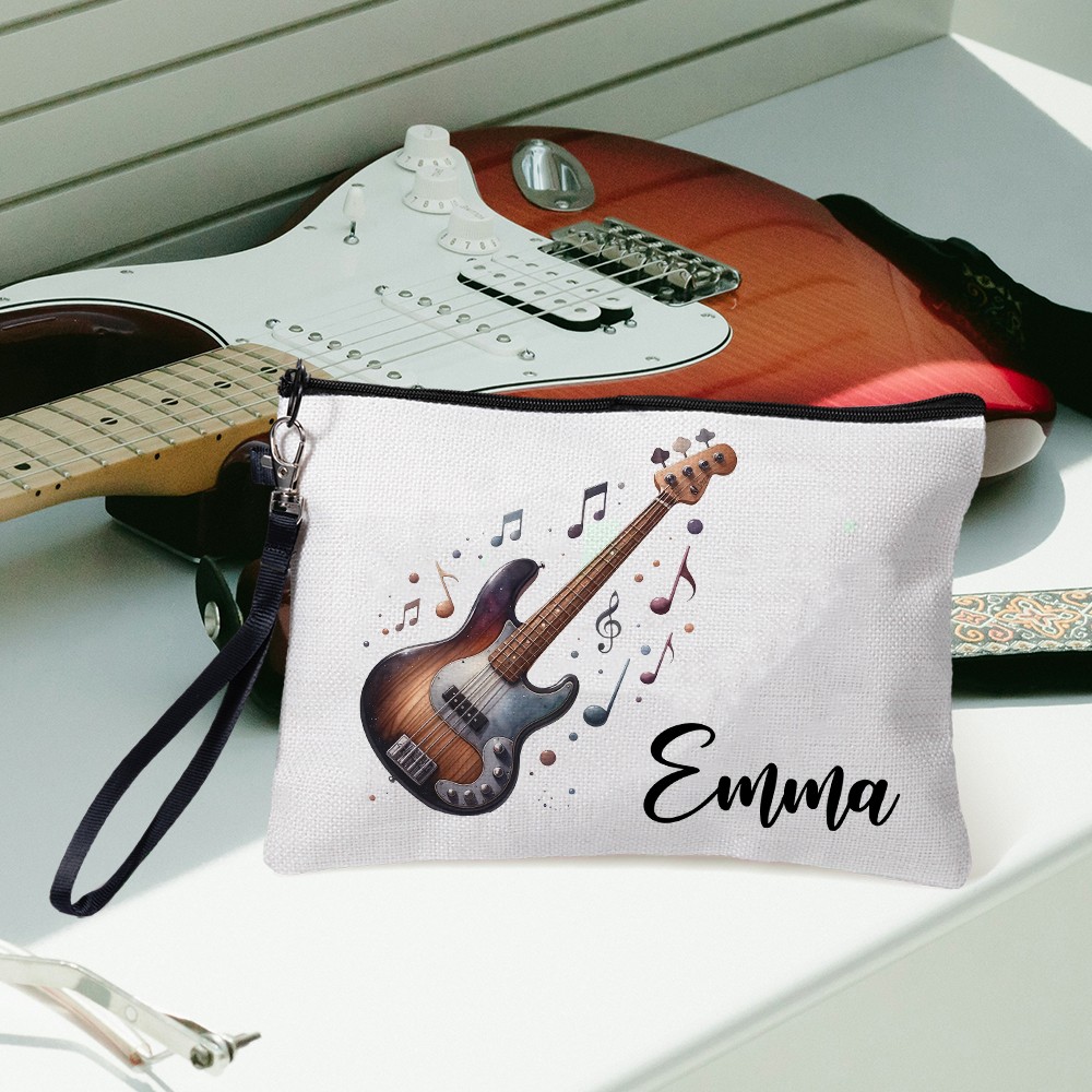 Custom Name Musical Instrument Cosmetic Bag, Linen Makeup Pouch with Wrist Strap, Performer Accessory, Gift for Music Lover/Musician/Pianist/Guitarist