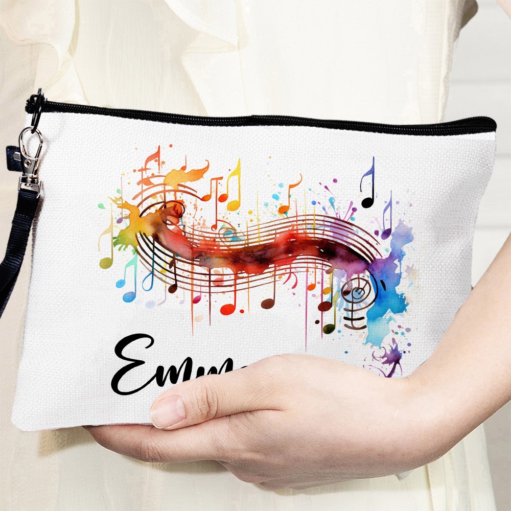 Personalized Name Colorful Music Note Cosmetic Bag, Linen Makeup Pouch with Wrist Strap, Performer Accessory, Gift for Musician/Music Lover/Conductor