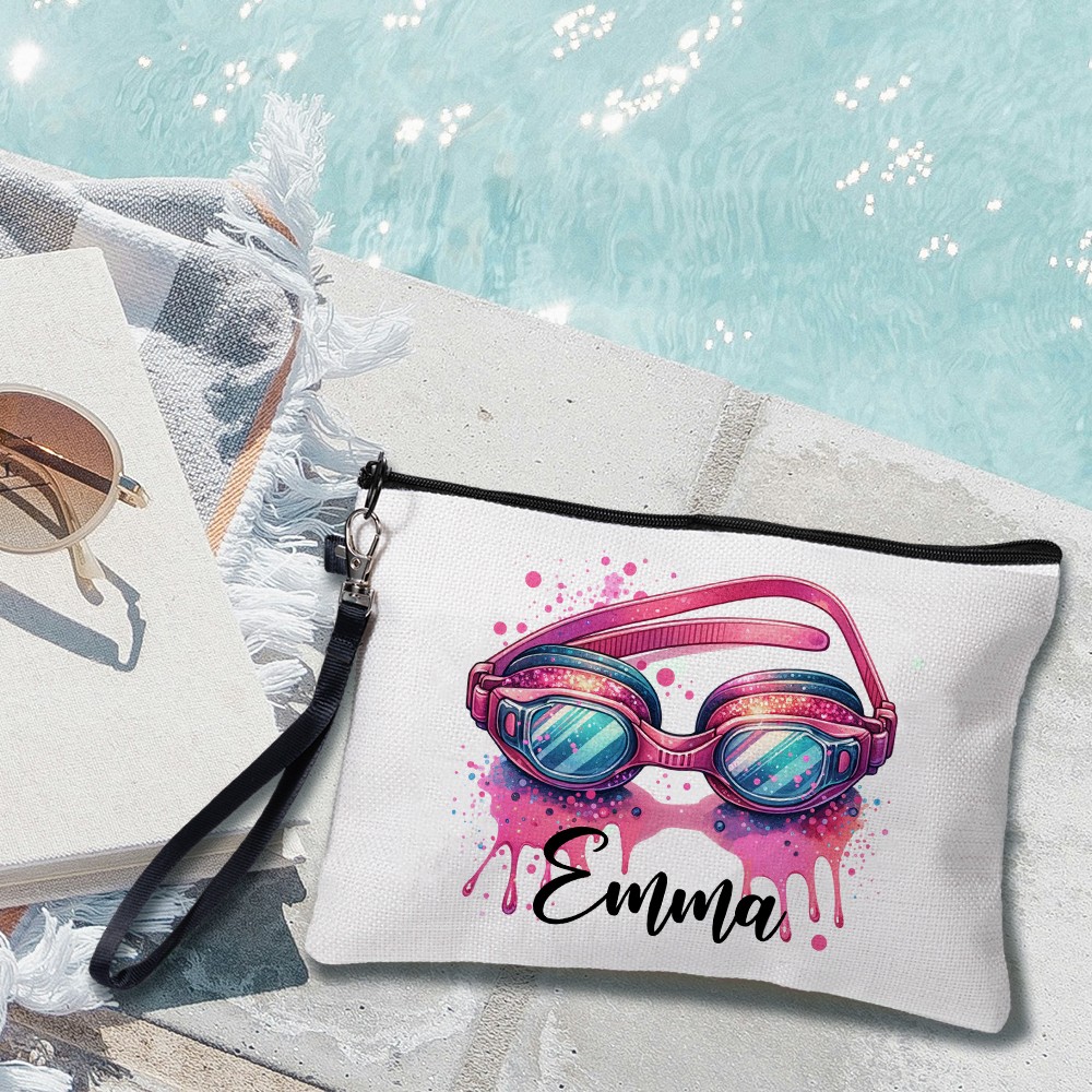Custom Swimming Makeup Bag, Linen Travel Swimming Goggles Toiletry Pouch with Wrist Strap, Swimming Accessory, Sports Gift for Teammate/Coach/Swimmer