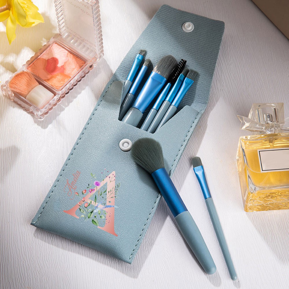 Personalized Leather Makeup Brush Bag with 8 Pcs Brushes, Custom Initial & Name Floral Cosmetic Bag, Birthday/Wedding Gift for Mom/Sister/Friend