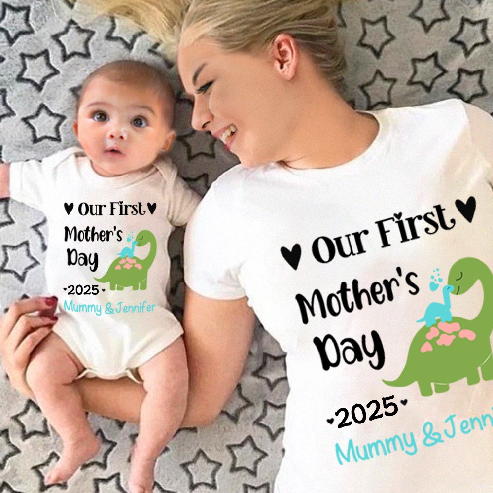 Custom Cute Bear Bunny Giraffe 100% Cotton T-Shirt and Baby Onesie, Our First Mother's Day Mom & Baby Set, First Mother's Day Gift for Newborn New Mom