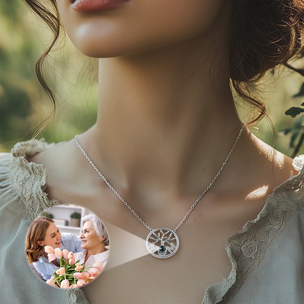Personalized Family Tree Necklace with MOM Roots, Micro-carved Photo Engraved Custom Pendant, Meaningful Mother’s Day Gift for Mom or Grandma