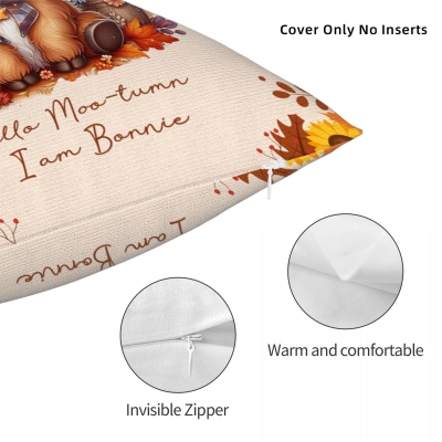 Personalised Name Autumn Highland Cow Pumpkins Soft Throw Pillow, Thanksgiving Pillow with Name, Thanksgiving Gift for Kid Woman, Home Decor