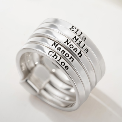 Personalized Engraved 2-5 Names Stacking Rings with Heart, Rustic Sterling Silver Ring, Mother's Day/Birthday/Anniversary Gift for Women
