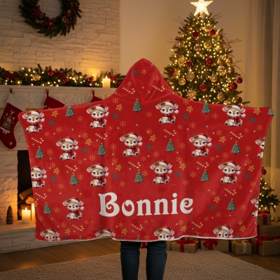 Personalisierte Weihnachts-Cartoon-Tiere, weiche Kapuzendecke mit Namen, mehrfarbige Weihnachts-Kapuzendecke, Weihnachtsgeschenk für Kinder