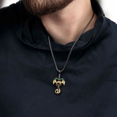 DND Sword Dragon Necklace with Birthstone, Brass Necklace, DND Jewelry Gift for Him, Dragon Gift for Dragon Lovers