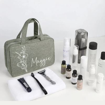 Personalized Names and Birth Flower Cosmetic Travel Bag, Foldable Make Up Organizer, Makeup Bag, Hanging Toiletry Bag for Women, Weekender Bag