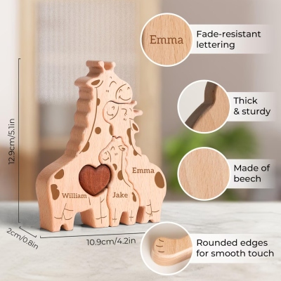 Puzzle personnalisé Famille Girafe avec 2 à 5 noms, Décoration en bois pour chambre d'enfant, Souvenir de famille, Cadeau Fête des Mères/Anniversaire pour maman/grand-mère/famille