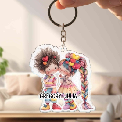 Personalisierter, witziger Cartoon-Schlüsselanhänger mit Herzmotiv für Paare, Acryl-Schlüsselring, Taschenanhänger, Geschenk zum Jahrestag/Valentinstag für Sie/Ihn/Paare