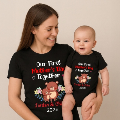 Personalized Animals/Pattern T-shirt and Baby Onesie, Our First Mother's Day Mom and Baby Set 100% Cotton, Holiday Party Gift for Newborn New Mom