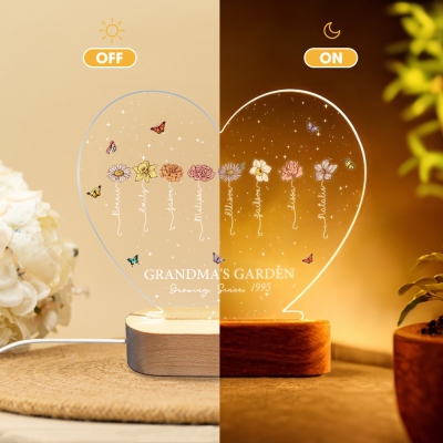 Custom Names & Birth Flowers Grandma's Garden Heart LED Night Light, Acrylic Night Lamp with Wooden Base, Birthday/Mother's Day Gift for Mom/Grandma