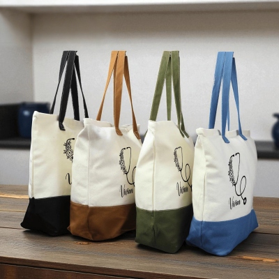 Personalisiertes Stethoskop-Canvas-Taschenset mit Blumenmuster und Namen, mehrfarbige, wiederverwendbare Arbeitstasche &amp; Etui, Geschenk zur Wertschätzung/zum Studienabschluss für Krankenschwestern