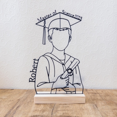 Sculpture de fin d'études personnalisée avec nom, motif linéaire, socle en bois gravé, souvenir minimaliste imprimé en 3D, décoration de bureau, cadeau pour les diplômés
