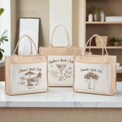 Personalisierte Jute-Tasche für den Junggesellinnenabschied, Sommerurlaubstasche für Mädels/Strandtasche, Gastgeschenk für den Junggesellinnenabschied, Geschenk zur Brautparty/Hochzeit für sie/Brautjungfer