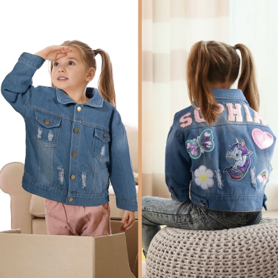 Personalized Chenille Letter Patch Jean Jacket, Custom Cute Icon Patch Toddler Denim Jacket, DIY Decoration, Birthday Gift for Boy/Girl/Kid