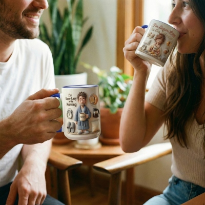 Gepersonaliseerde ochtendmok met cartoonprint van een lui jongetje en een lui meisje, 325 ml/445 ml, tweekleurige keramische koffie- en theekop met handvat, humoristisch verjaardagscadeau voor mannen/vrouwen