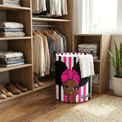 Custom Cute Black Girl Laundry Storage Basket with Name, Large Capacity Collapsible Clothes Hamper with Handles for Bathroom/Nursery, Gift for Girls