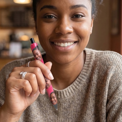 Gepersonaliseerde glitterpen met foto's, grappig portret als cadeautje voor in de kerstsok of op een feestje, schoolspullen, verjaardagscadeau/grappig grapje voor vrienden/collega's