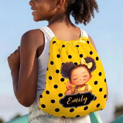 Custom Name Cartoon Black Girl Polka Dots Beach Towel with Rope, Quick Dry 2-in-1 Foldable Bath Towel Bag, Gift for African American Little Girls