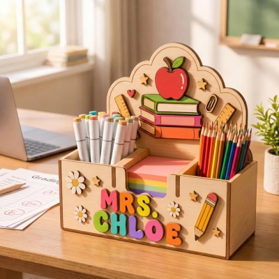 Stylos et porte-notes adhésifs personnalisés avec nom pour enseignants, organiseur de bureau en bois, décoration de salle de classe, cadeau de remerciement/d'anniversaire pour enseignants/éducateurs