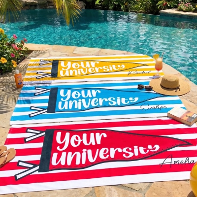 Personalized College Pennant Beach Towel with Name, Quick Dry Microfiber Bath Towel, Graduation Party Favor, Graduation Gift for Family/Friends