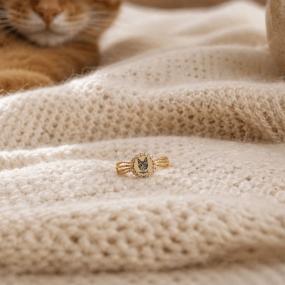 Personlig ring med halsband för husdjursporträtt och namn, sterlingsilver 925, fin ring med skiss av katt/hund, smycken för husdjur, present till husdjursmamma/ägare/kvinnor