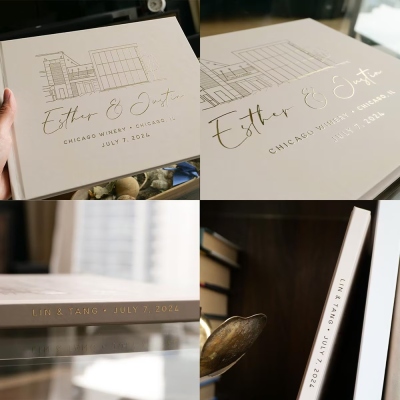 Gastenboek met een schets van de trouwlocatie, inclusief namen en datum. Elegant, met lijntekeningen van de namen van het bruidspaar. Een perfect cadeau voor pasgetrouwden/koppels.